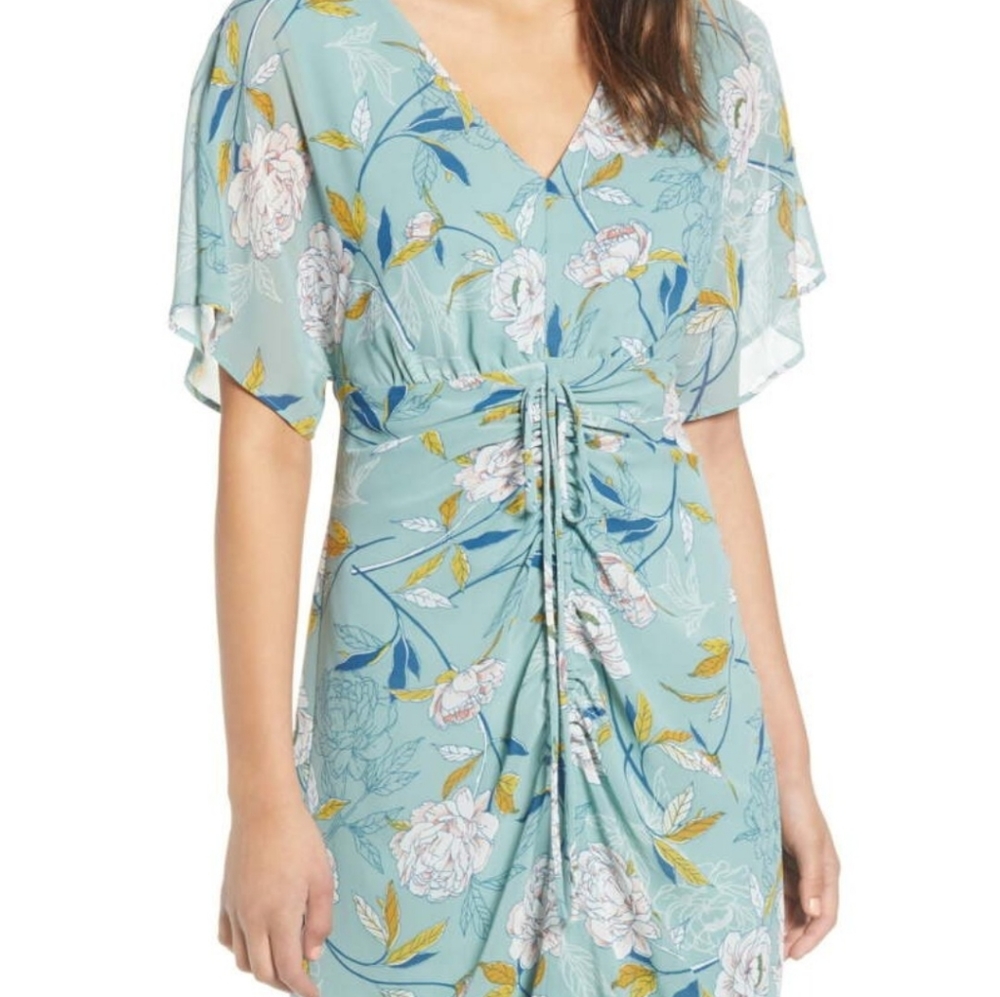 Leith | NWT floral ruched midi teal dress sz small